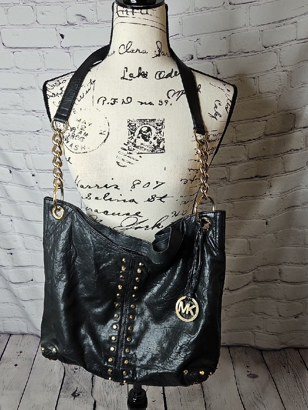 Michael Kors Uptown Astor Black Leather Studded Shoulder Bag